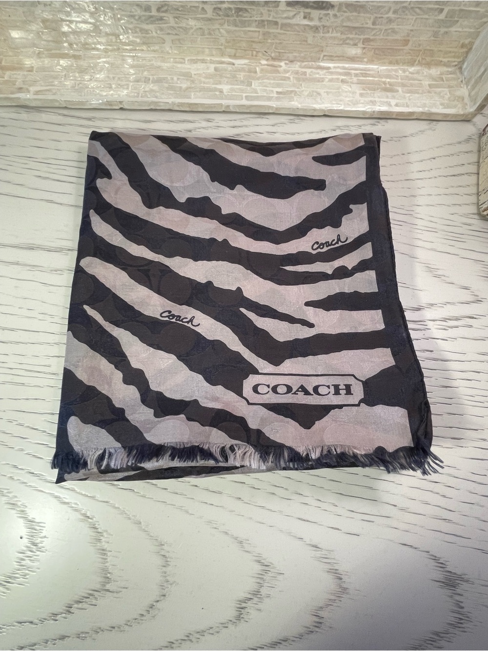 Coach Zebra Stripe Logo Scarf in Black and Gray - Picture 1 of 10